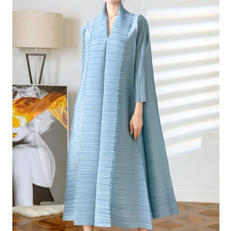 

ALSEY Women's Pleated Blue Dress 2024 Autumn New Fashion Belt Simple Drape Design Long Sleeve Party Robe Casual Prom Dresses