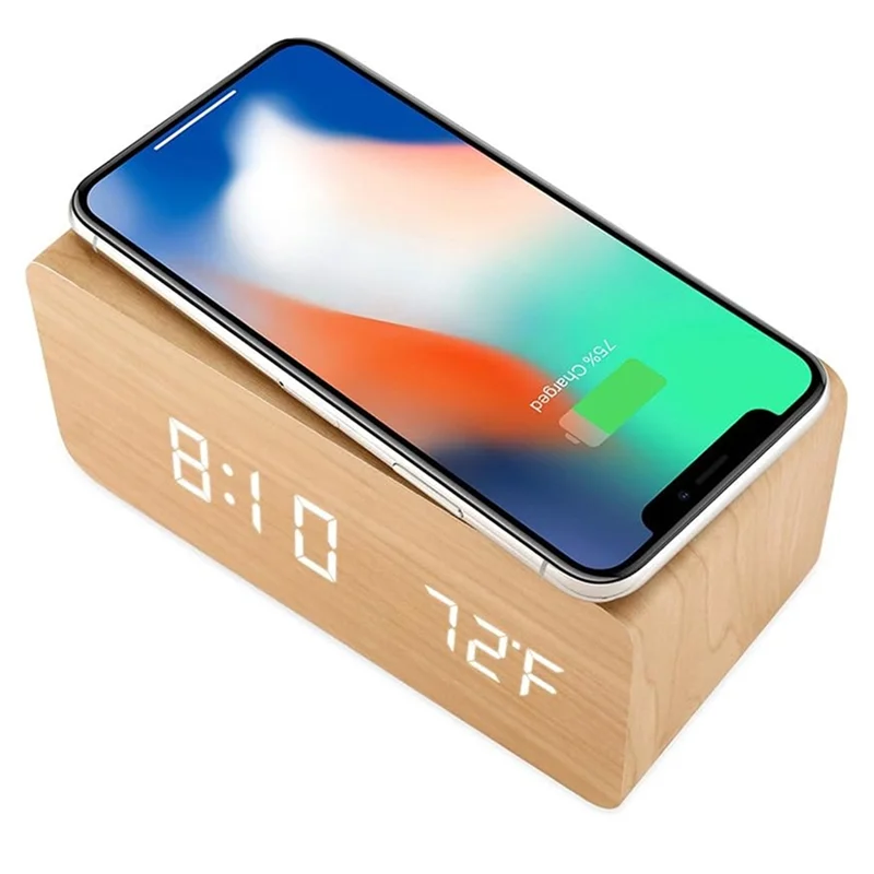 JABS-деревянный цифровой будильник с беспроводной зарядкой, светодиодным дисплеем, показывающим временем, температурой даты, идеально подходит для настольных салфеток