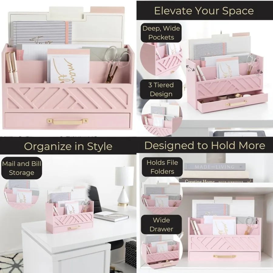 

Desk Organizers Wooden Mail Organizer with Drawer Mail Sorter Organizer Countertop Gold Handle Desk Organizers and Accessories