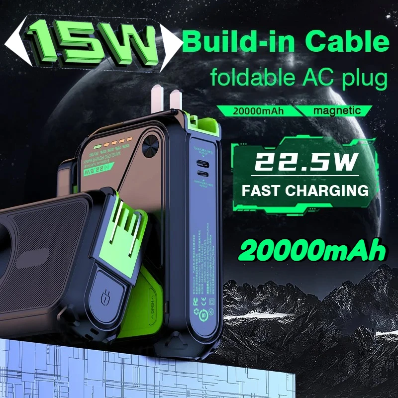 

20000 мАч Power Bank Магнитное беспроводное быстрое зарядное устройство большой емкости с вилкой переменного тока Внешняя запасная батарея 10000 мАч Powerbank для iPhone