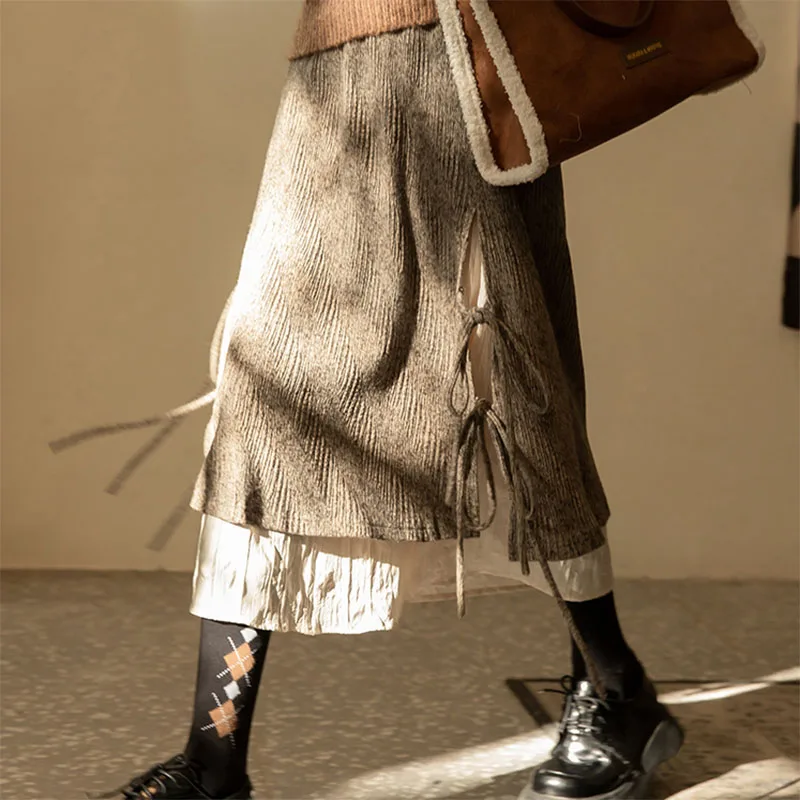 Autumn Winter Retro Wind Light Core Velvet Brown High Waist Strap Medium Length Irregular Half Length Skirt for Women