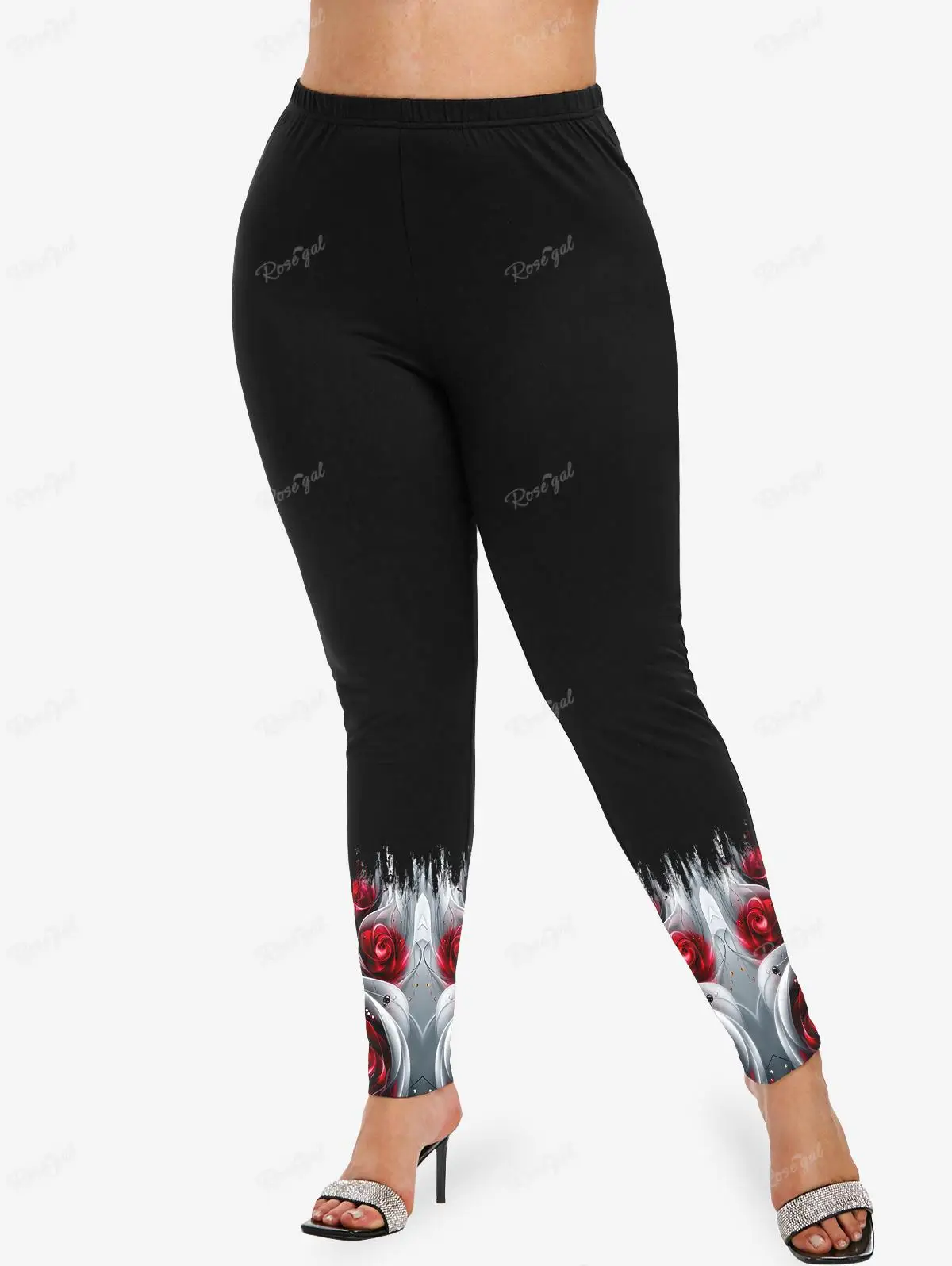 Plus Size XS-6X Koszulka z krótkim rękawem i legginsy Skinny Plus Size Dopasowany zestaw 3D Ombre Light Beam Rose Flower Dew Printed