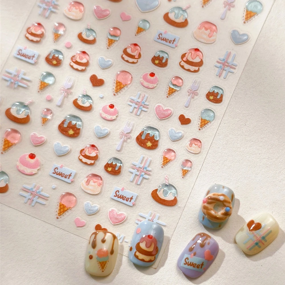 

Pink Blue Ice Cream Cone Cake Pudding Fork Love 3D Jelly Self Adhesive Nail Art Stickers Summer Lovely Manicure Decals Wholesale