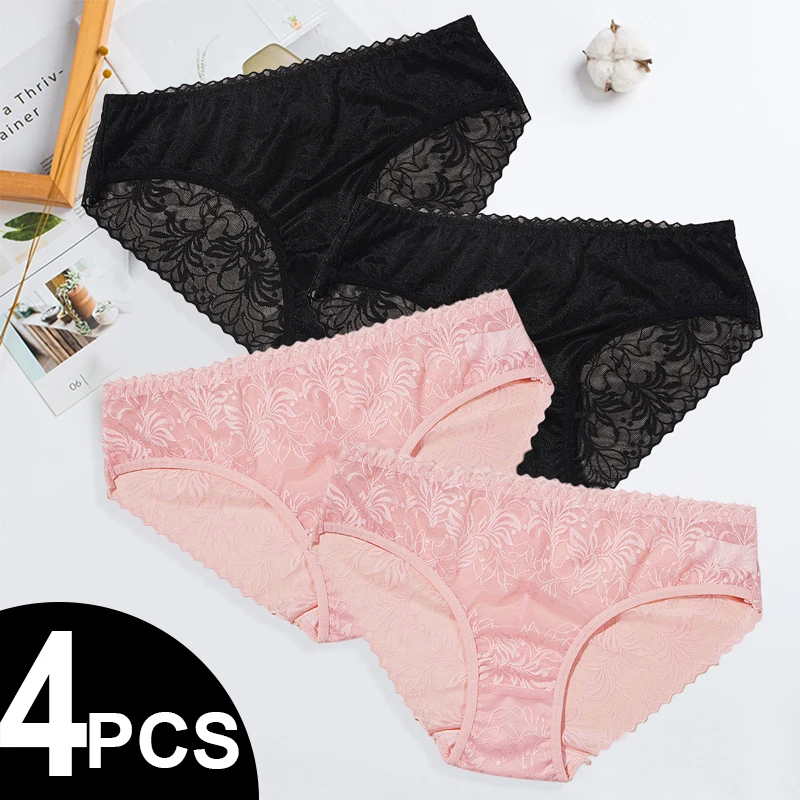 

4 шт./компл., однотонные сексуальные полупрозрачные женские кружевные трусики с цветочным принтом, нижнее белье, 2 черных + 2 розовых женских трусов, нижнее белье