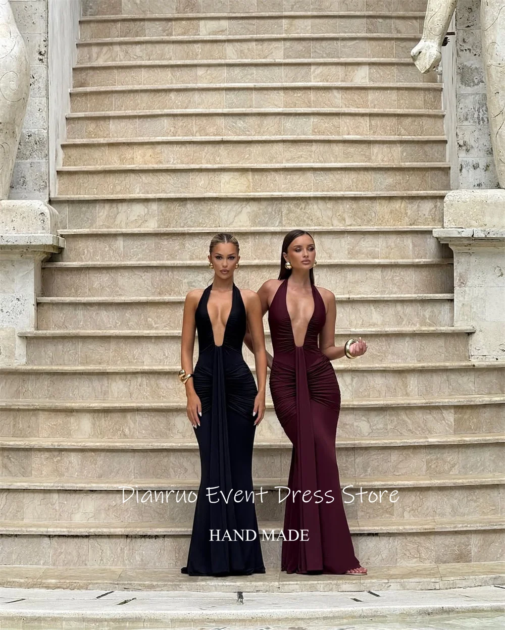 Dianruo Abiti da sera lunghi eleganti a sirena con scollo a V profondo Abiti da festa in chiffon senza maniche Abiti da ballo 2025 Personalizzato