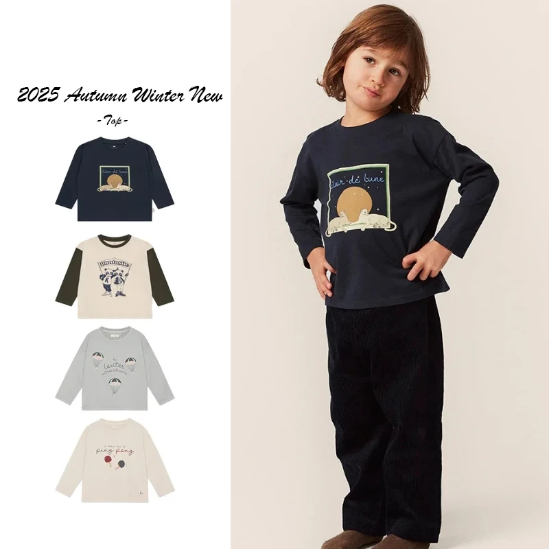 

2025 Autumn New Boys' Cartoon T-shirt Boys' and Girls' Round Neck Letter Top Children's Casual Sports Polo Base Shirt Clothing