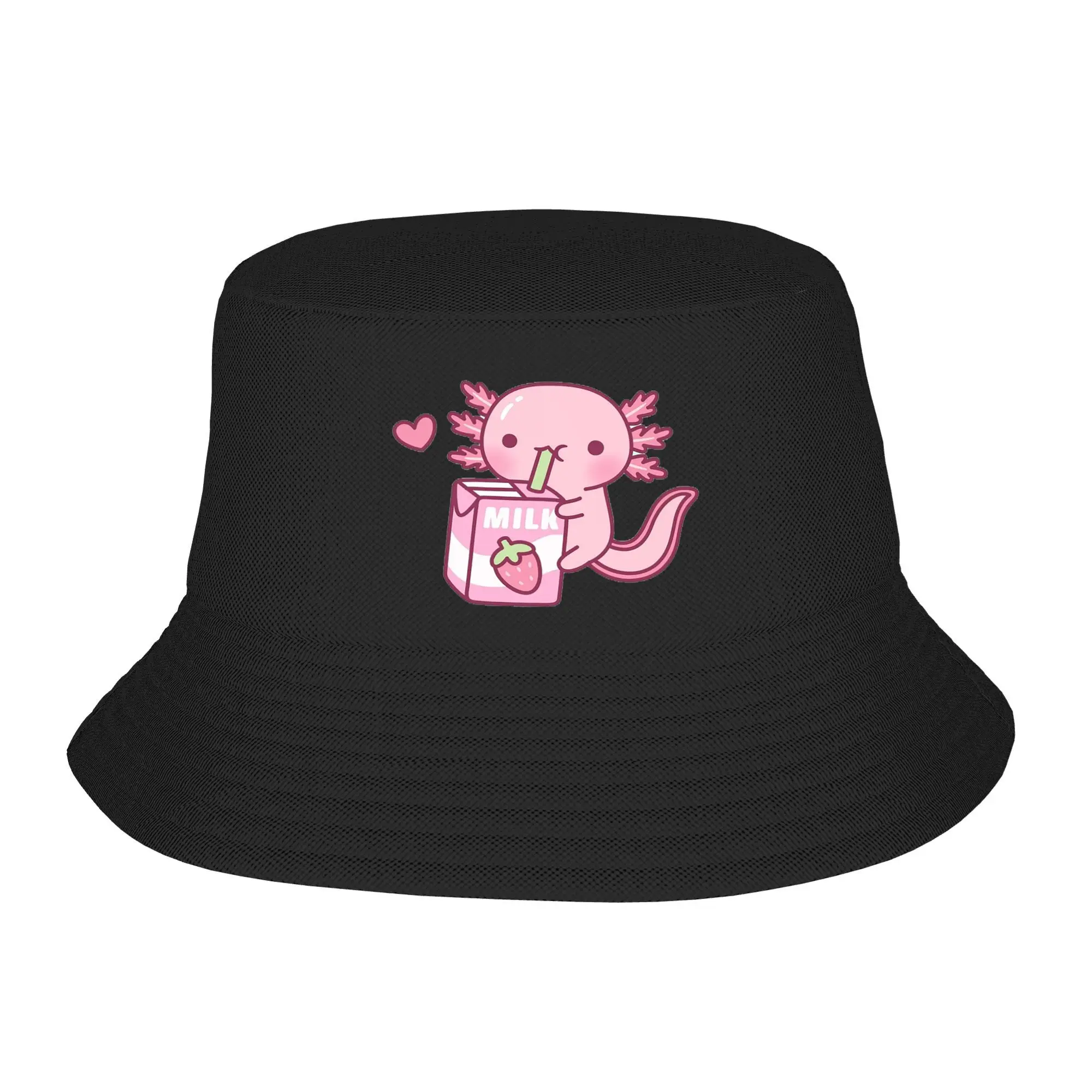 

Cute Axolotl Loves Strawberry Milk Doodle Bucket Hat Panama Bob Hats Outdoor For Summer Beach Fishing Unisex Fisherman Caps