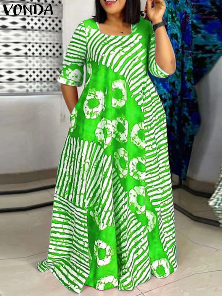Plus Size 5XL VONDA Women Summer Maxi Dress Bohemian Printed Long Sundress Beach Party Vestidos 2025 Half Sleeve Casual Robe