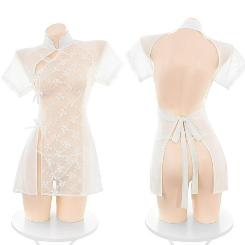 

Sexy Lingerie Passionate Sexy Lace Uniform Mesh Transparent Hollow Classical Embroidery Qipao Set Sweet Cute Costume Red Suit