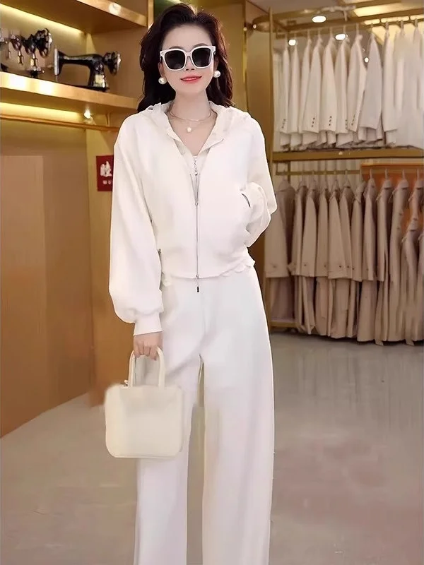 レーススプライスカジュアルスポーツセット レディース 春新作 スタイリッシュ ワイドレッグパンツ ツーピースセット ロングスリーブフーディートップ