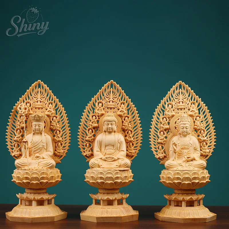 

Hinoki Buddha Ornament Wooden Home Entrance Offering Sitting Statue Western Three Saints Ornament
