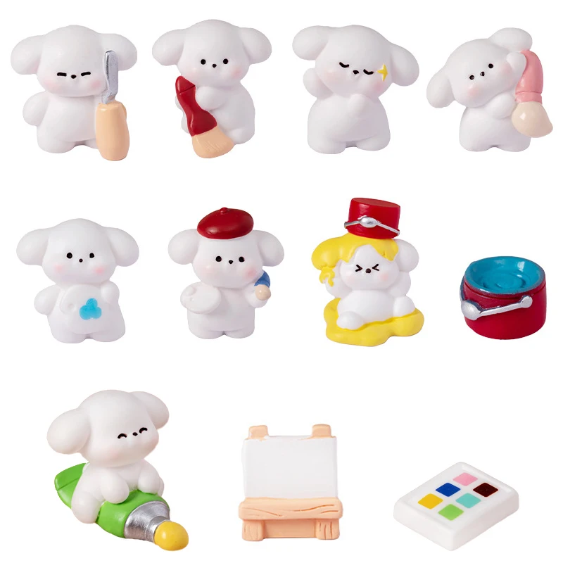 

11Pcs Creative Cute Drawing Little Dog Doll Crafts Cartoon Puppy Ornament Micro Landscape Home Desktop Car Interior Resin Decor