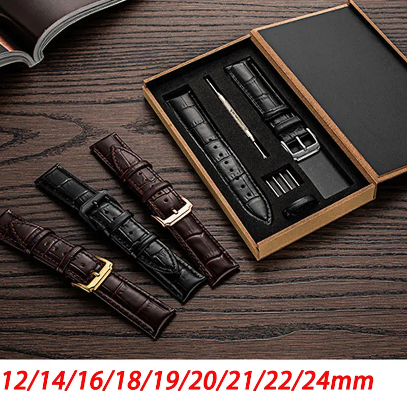 Crocodile Pattern Cow Leather Watch Band 12mm 14mm 16mm 18mm 19mm 20mm 21mm 22mm 24mm Wrist Strap Waterproof Sweatproof With Box