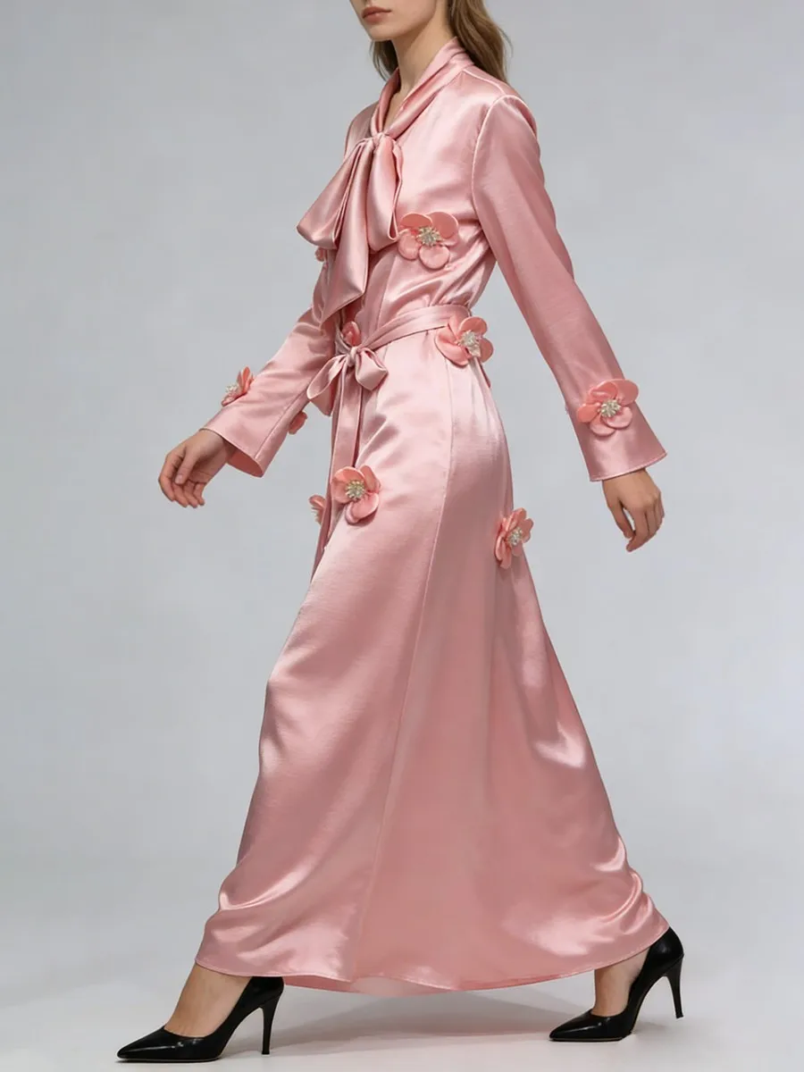 TWOTWINSTYLE 솔리드 루즈 스플라이스드 3D 플라워 우아한 여성용 원피스 라운드 넥 긴 소매 패치워크 레이스업 드레스 여성 신상