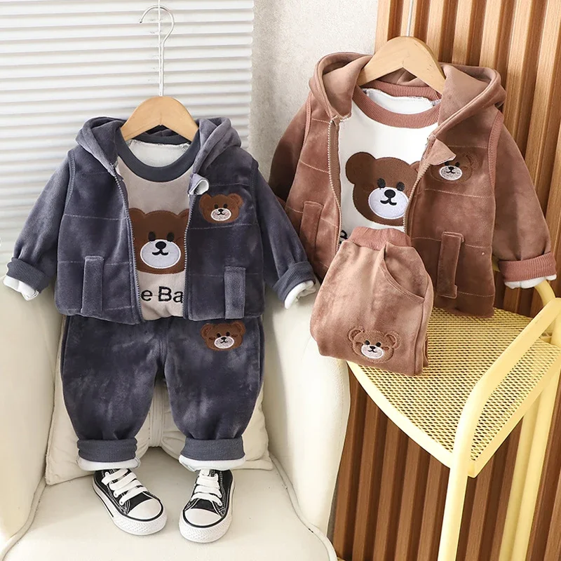 New Autumn Winter Warm Boys Girls Clothing Set Cartoon Bear Lined With Velvet Hooded Vest + Shirt + Pants 3Pcs Suit For Kids image 2