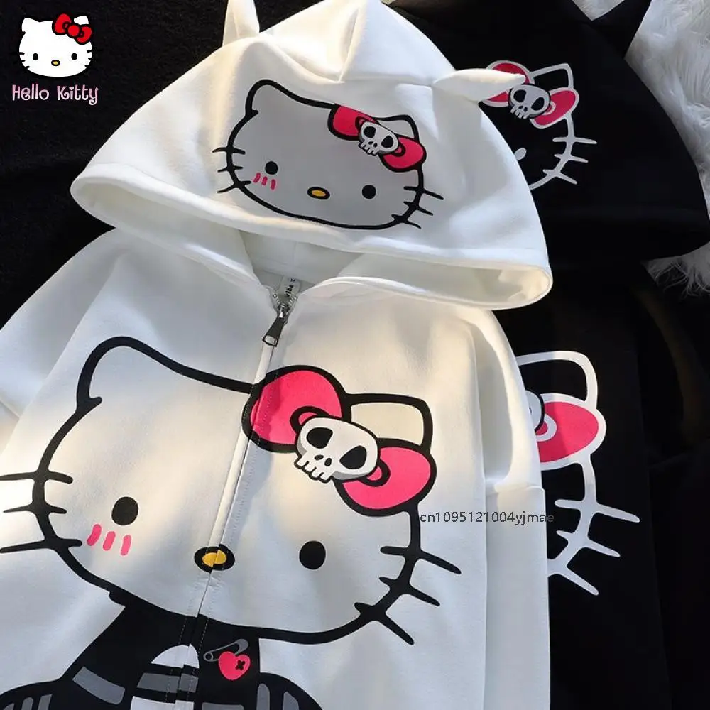 سانريو Kawaii مرحبا كيتي القطن المطبوع هوديي المرأة فضفاضة سستة الكرتون سترة معطف مقنعين الملابس جديد الخريف الشتاء لطيف