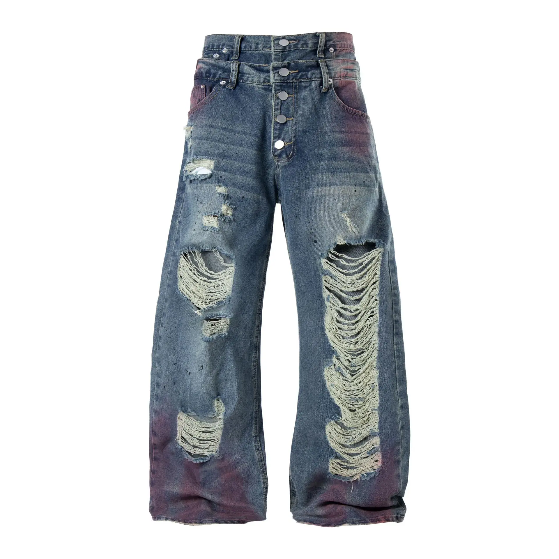 

Men's High Street Destroyed Hip Hop Jeans Pants Loose Fit Vibe Style Ripped Denim Trousers Wased Retro Jeans Double Waist