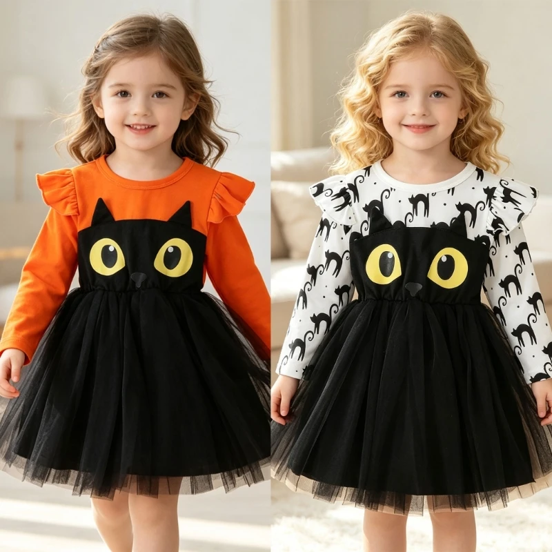 Girls Halloween Long Sleeve Tulle Dress for Toddler Girls, Party Outfit with Layered Skirt for Photos and Class Parties 15UB