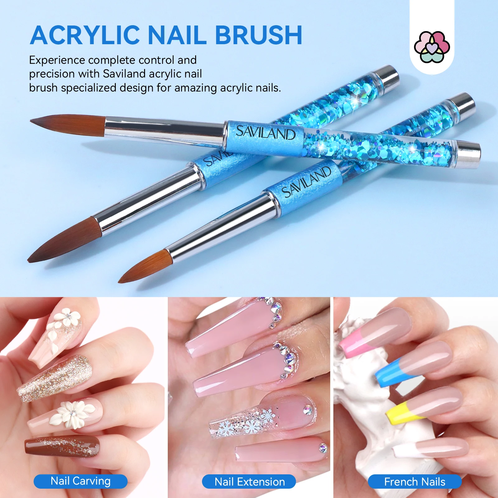 SAVILAND Koinsky 7-teiliges Acryl-Nagelpinsel-Set, blaue Glitzer-Nagelkunstpinsel für Acrylpulver, Nagelverlängerung, 3D-Schnitzerei