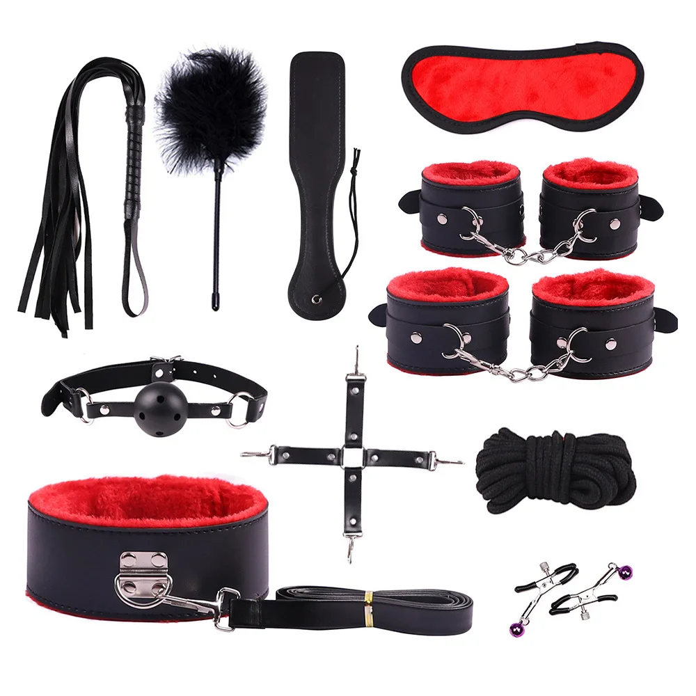 12PCS BDSM Bondage Set Handcuffs Ankle Cuffs Ball Gag Whip Spanking Paddle Rope Eye Mask Adult Sex Toy for Women Men Couples Kit