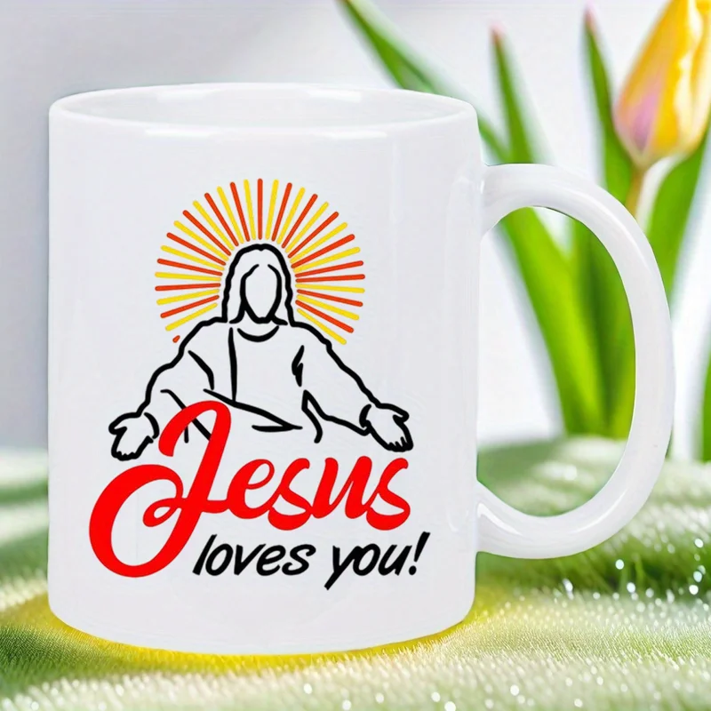 

Jesus Loves You" Inspirational Ceramic Mug - White with Red & Yellow Sunburst Design, Hand Wash Only, Perfect Faith Gift for Hom