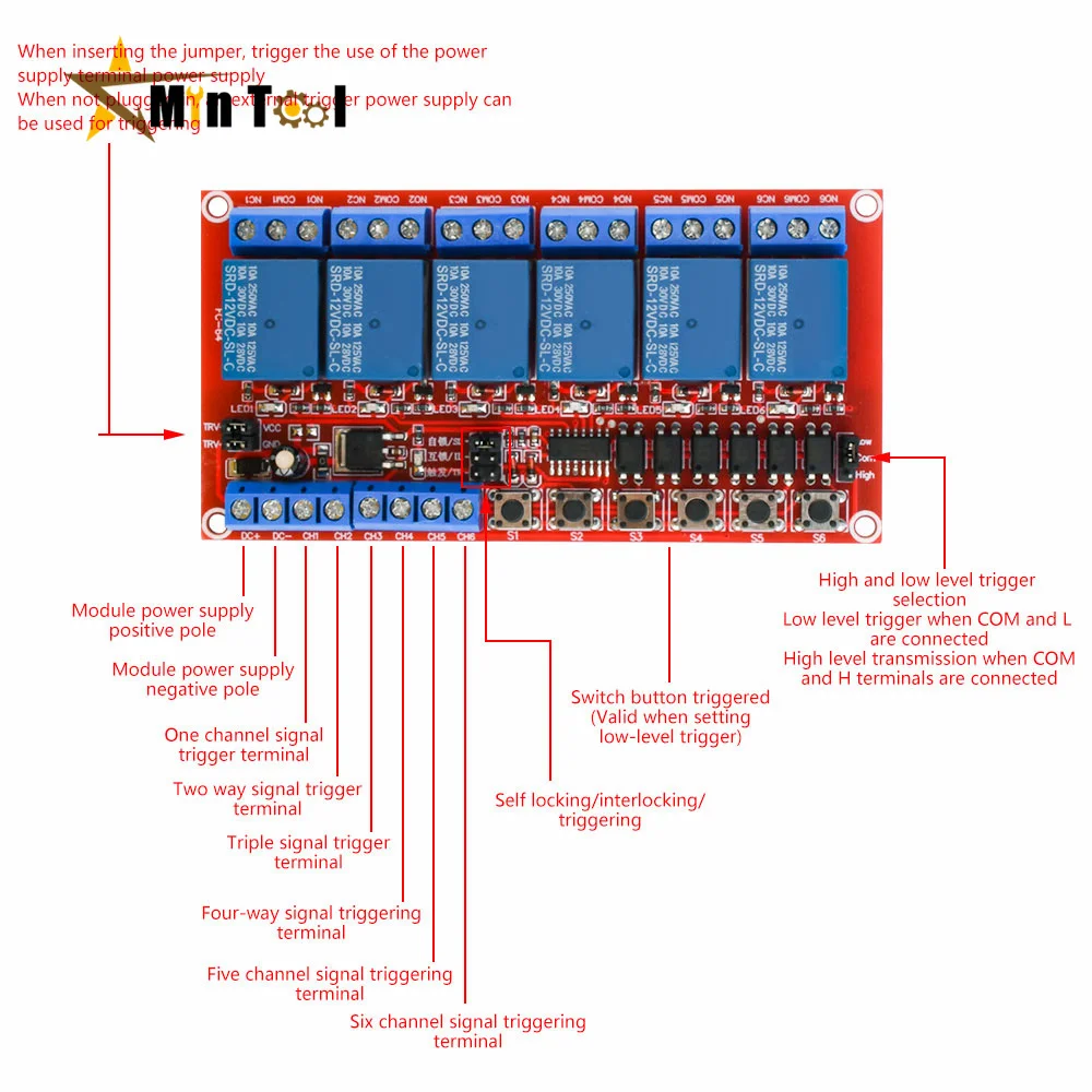 5V12V24V 6 Channel Relay Module Board Shield with Optocoupler Support High and Low Level Trigger Power Supply