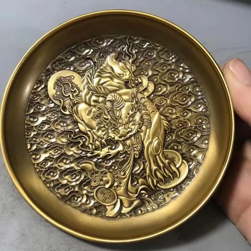 Antique Qianlong Royal Gift Brass Money Drawing Pi Xiu Plate Back Boy Meets Girl Plate Relief Plate Dish Collection Ornaments