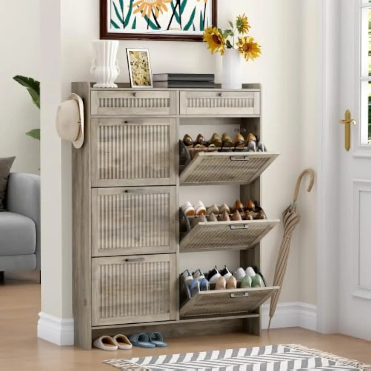 Slim Fluted Entryway Cabinet with 6 Flip Drawers and 2 Top Compartments for Shoes Keys and Essentials – Modern Vertical Storage