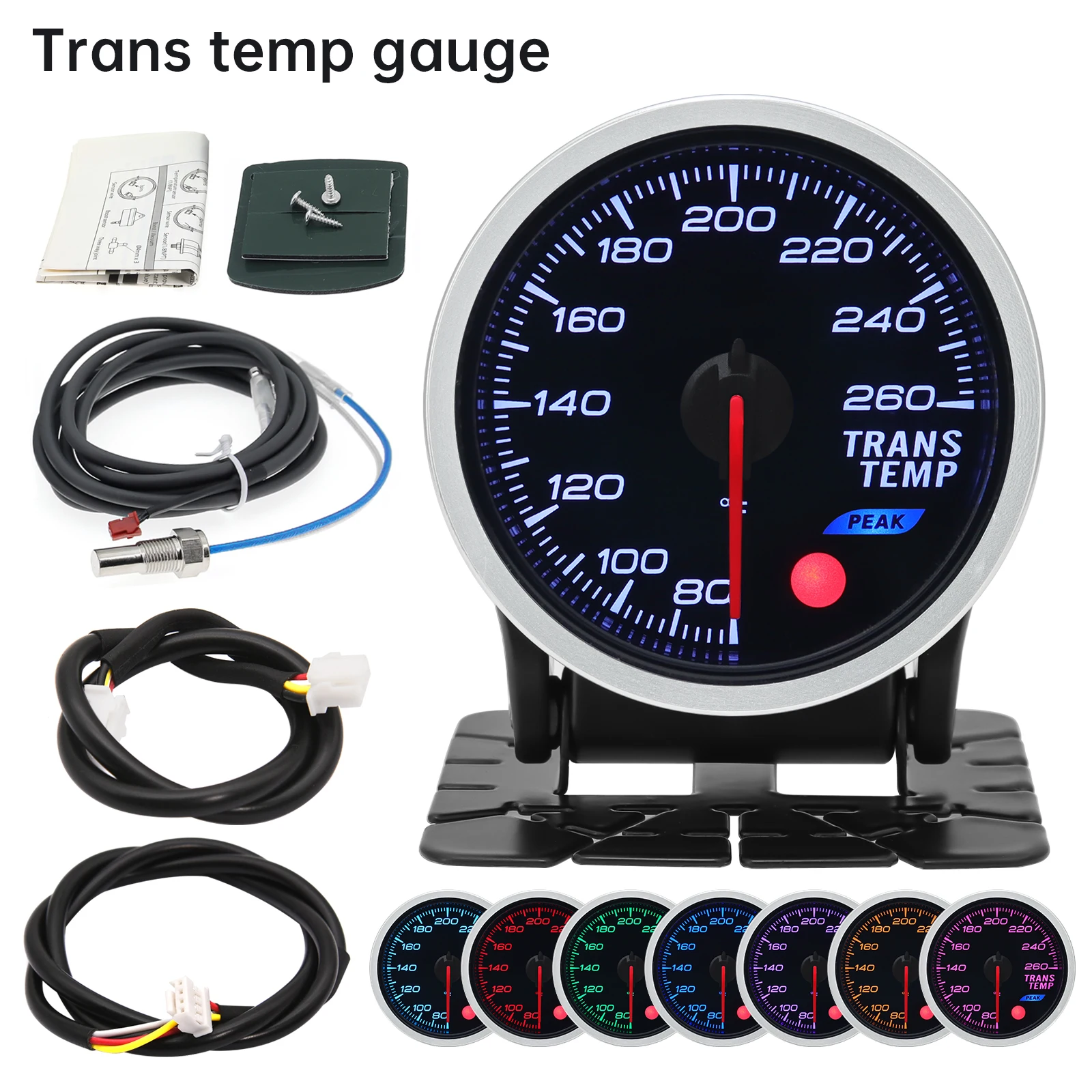 52MM Trans Temprature Gauge 80-260 Fahrenheit Smoke Lens 7 Color Backlight Trans Temperature Meter For 12V Gasoline Vehicle