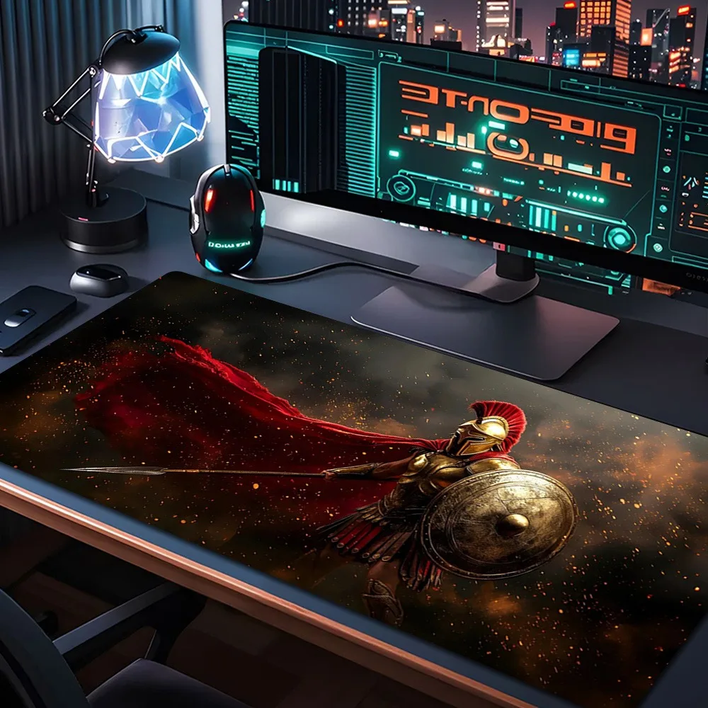 Spartan Warrior Game Mat and Mouse Pad - Anti-slip Spartan Helmet and Combat Posture Office Desk Accessories Tapis De Souris