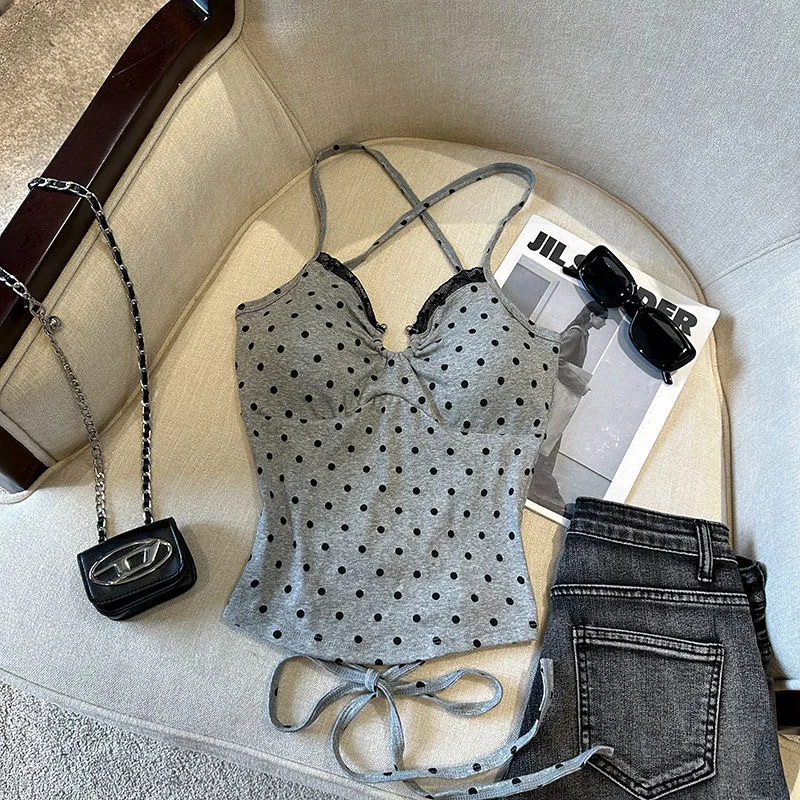 Sweet Lace Polka Dot Cotton Tanks V-neck Design Spaghetti Strap Crop Vest Tops Cross Backless Ropa Mujer Bandage Summer