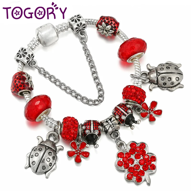 TOGORY Spring Styles Charm Bracelet With Crystal Ladybug Pendant Bracelet For Women Men Jewelry Gift Wholesale Dropshipping