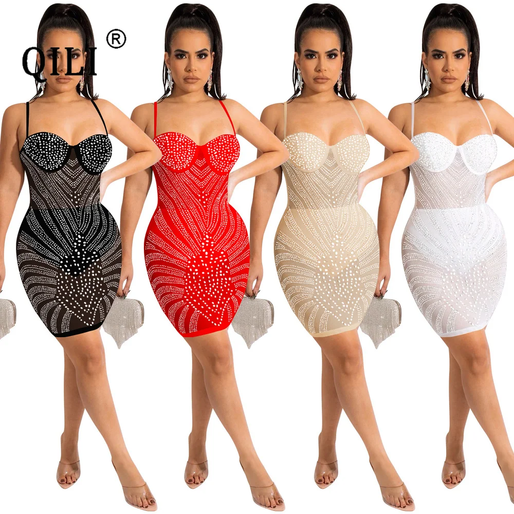 

QILI New Arrivals Diamonds Dress Sexy Spaghetti Strap See Through Mesh Rhinestone Mini Birthday Party Dresses Bodycon Bag Hip