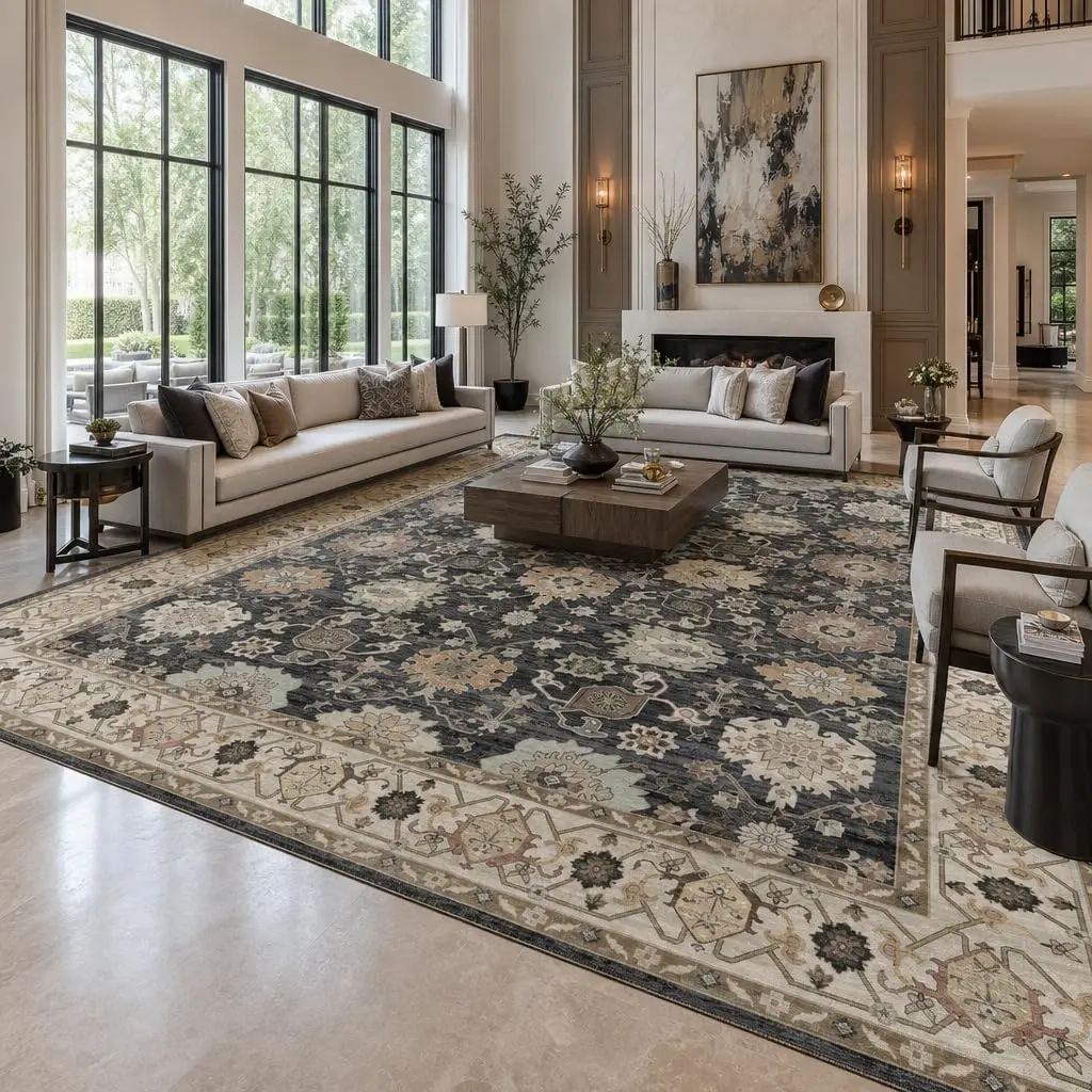 Extra Large 9x12 Vintage Washable Area Rug Non‑slip Low Pile Carpet Fit for Nursery Dining Room Black Brown Home Decor
