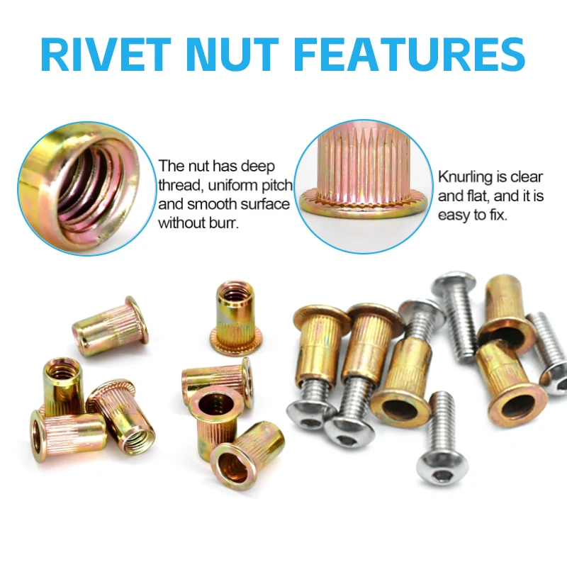 M3 M4 M5 M6 Rivet Nuts Insert Flat Head Carbon Steel Pop Rivnut with 304 Stainless Steel Bolts Nutsert Screw Nuts Assortment Kit