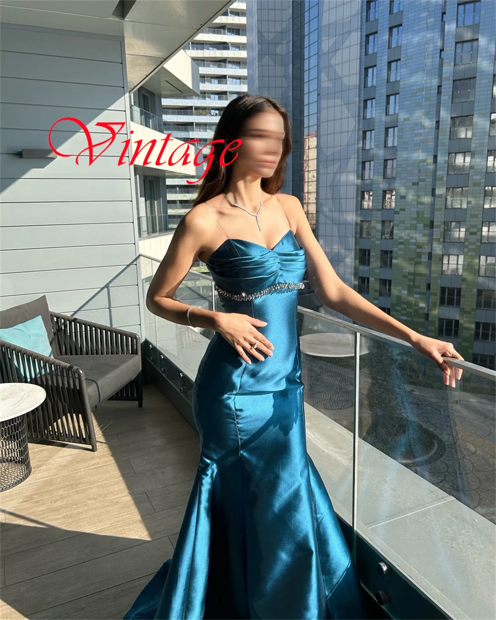 

Customized Exquisit Blue Satin Evening Dress Elegant Strapless Spaghetti Straps Sleeveless Chapel Train Special Occasion Gowns