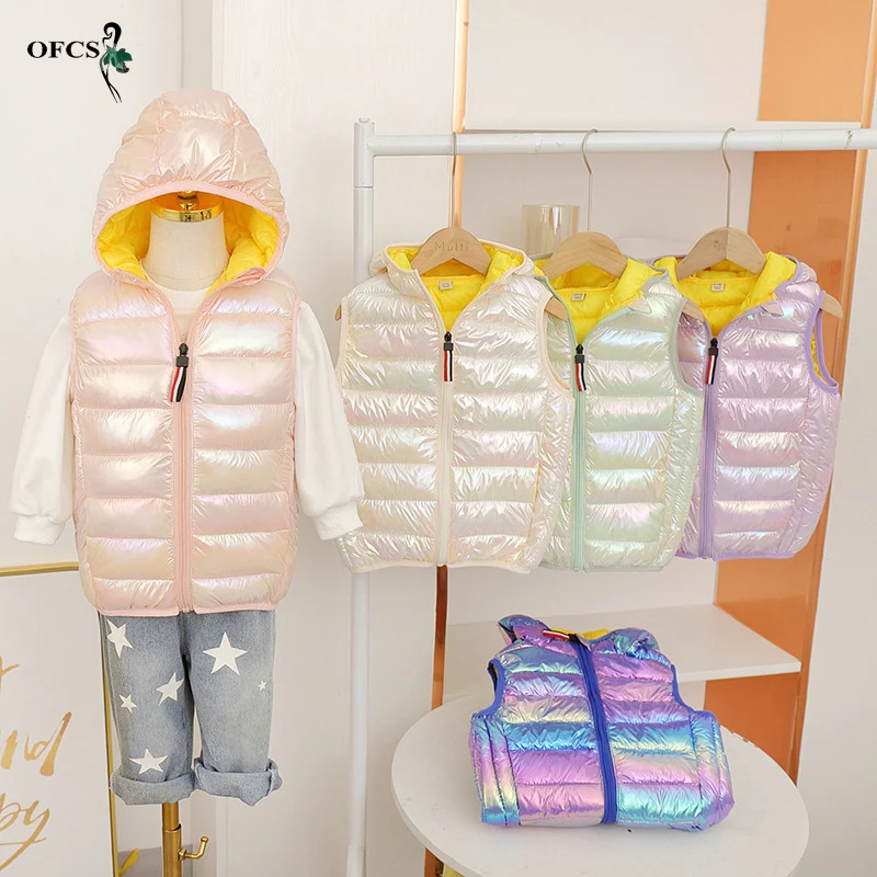 Winter Girl Boy Bright Down Vest Hooded Coat Ultra-Light Warm Sleeveless Jackets For Kids Fashion Children Clothes Dazzle Colour