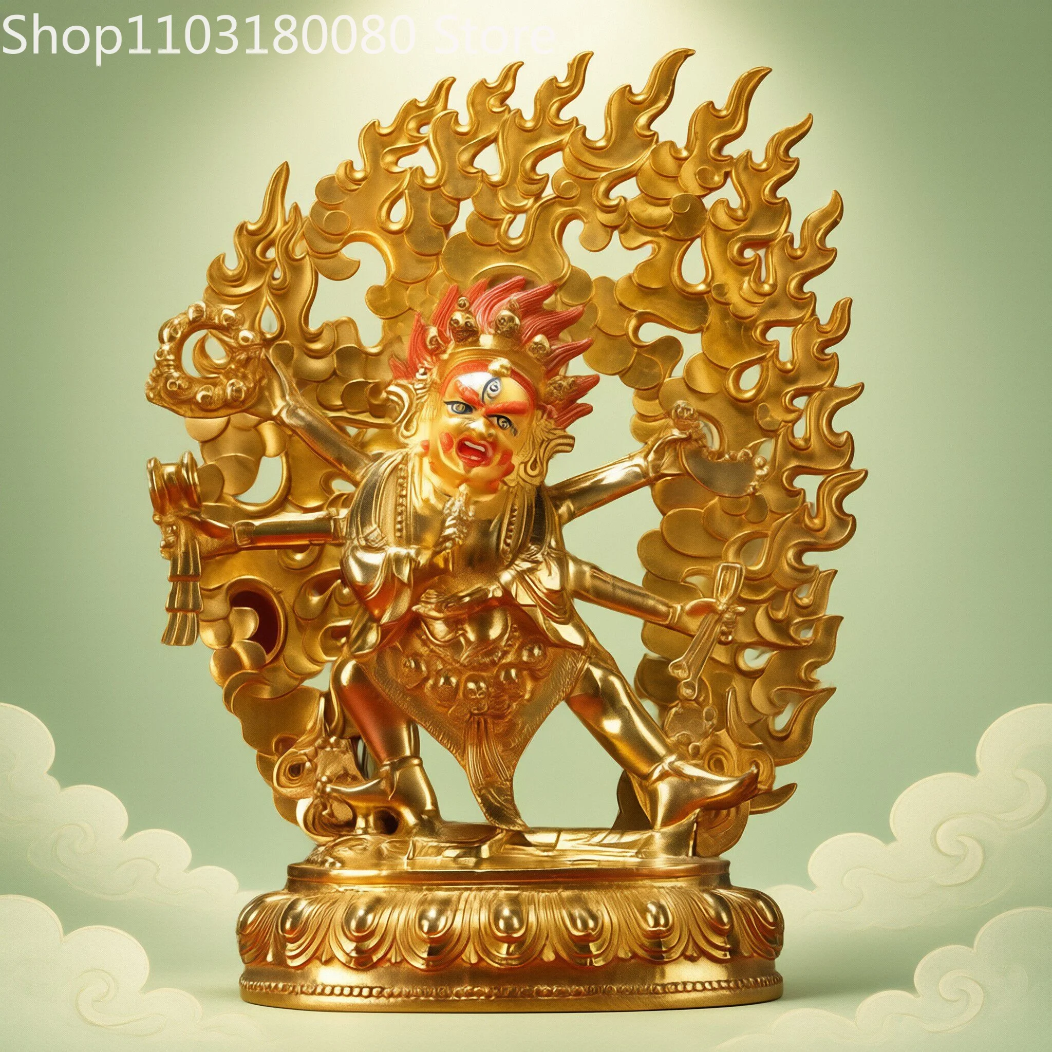 32cm Gilt Brass Six-Armed Mahakala Statue Tibetan Buddhist Great Black Dharma Protector Deity Sculpture Altar Home Decor