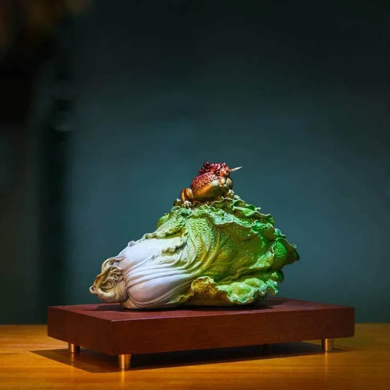 Pure Copper Gold Toad Enrichment Ruyi Chinese Cabbage Lucky Decoration Living Room TV Cabinet Home Ornament Coppe