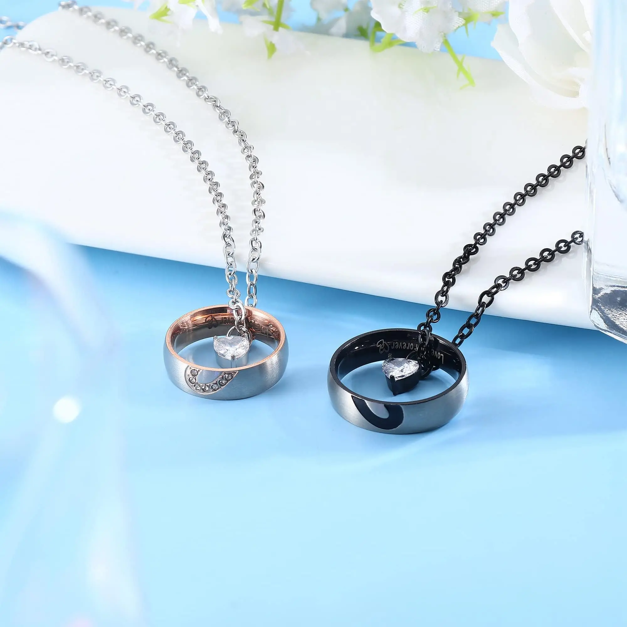 Drperfect مطابقة القلائد للأزواج قلادة قلادة للنساء الرجال الفولاذ المقاوم للصدأ وعد خواتم قلادة مجموعة مجوهرات هدية #6