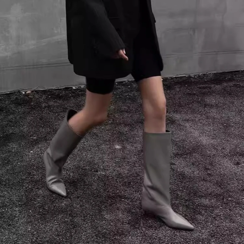 Winter Pointed Toe Women Knee High Boots Sexy Low Heels Wedding Party Shoes Female Slim Long Booties Zapatos De Muje - view 5
