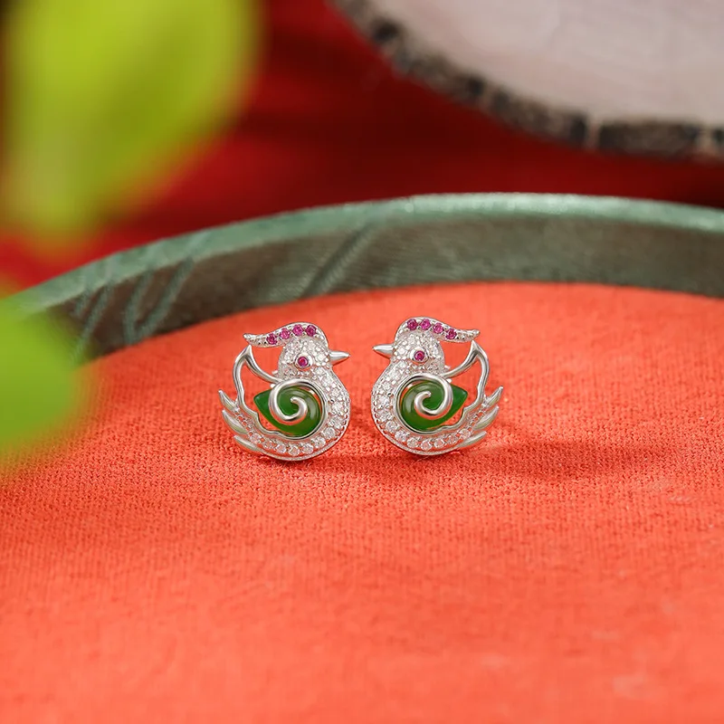 S925 Silver Hetian Jade New Style Mandarin Duck , Elegant Earrings