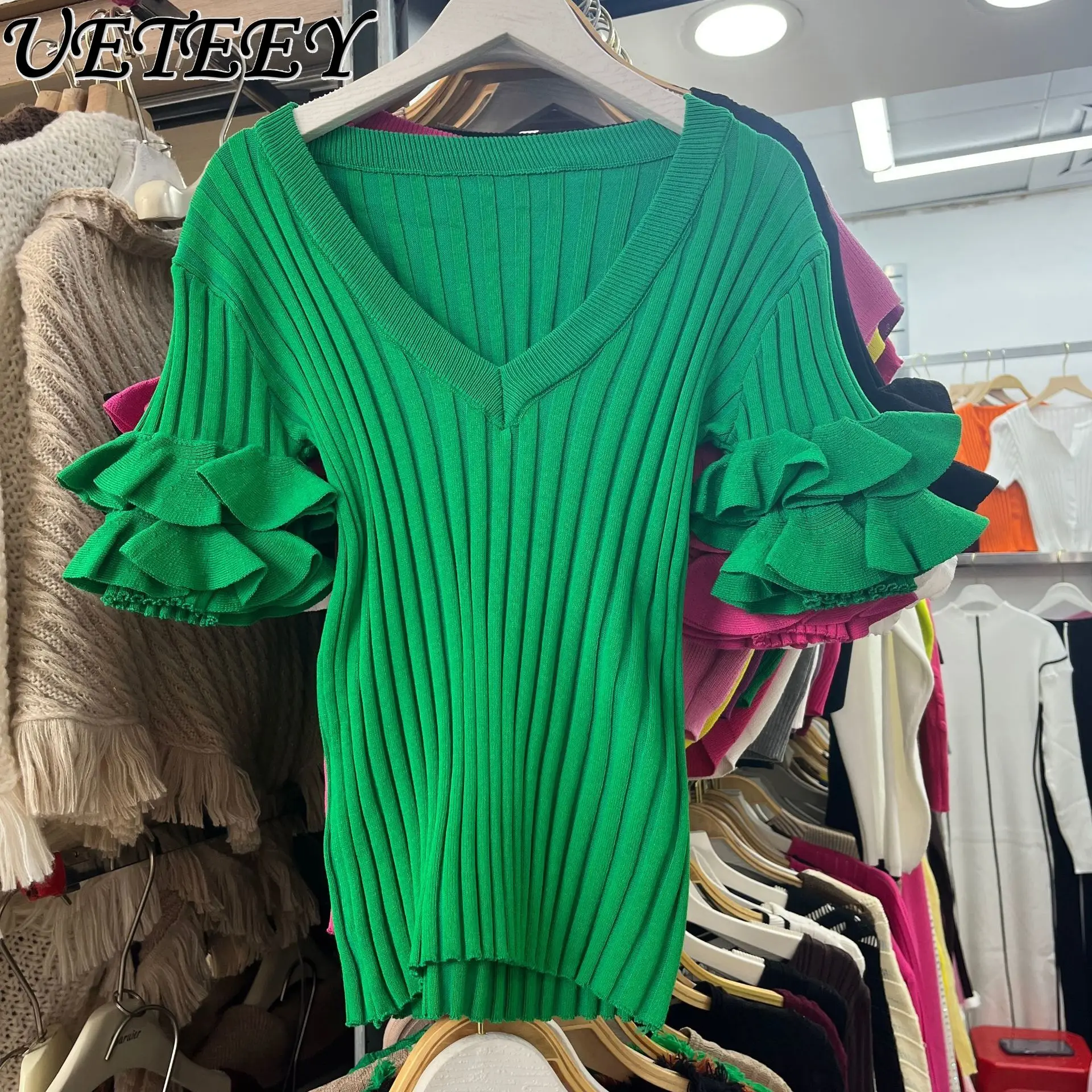 

Fashion Simple Ruffled Short Sleeve Knitted T-Shirt for Women Clothes Summer and Autumn New Slim Fit Design Short T Shirt Top