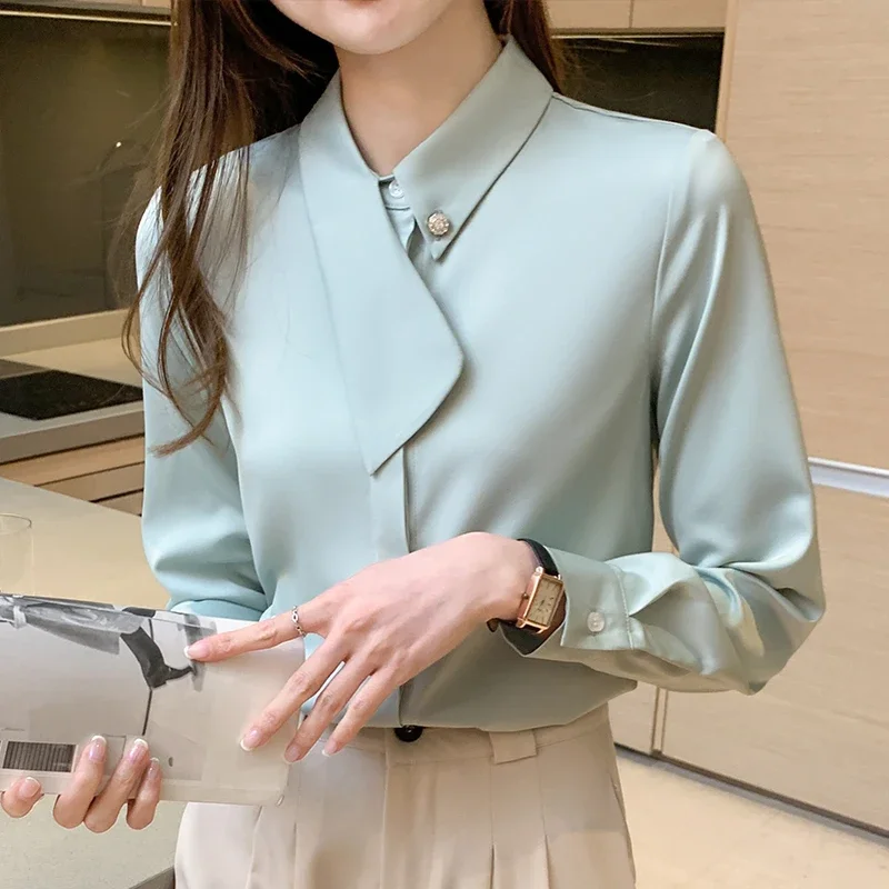 Women Long Sleeve Chiffon T-shirts 2023 Spring Autumn Turn Collar Office Lady Elegant Fashion Loose Tops Female Patchwork Tshirt