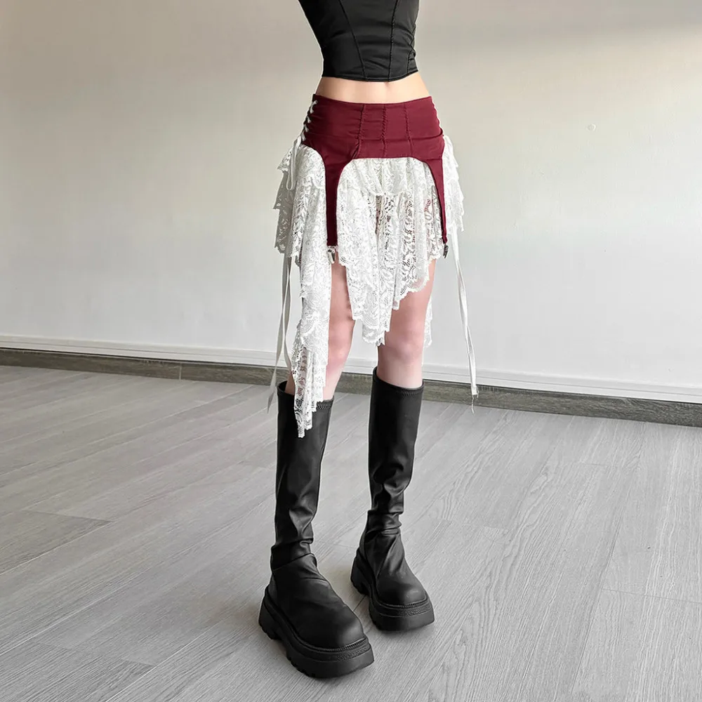 SylCue Contrast Patchwork Skirts Women High Waist Irregular Mesh Ribbon Street Fashion Sweet Style Elegant Skinny Mini Bottoms