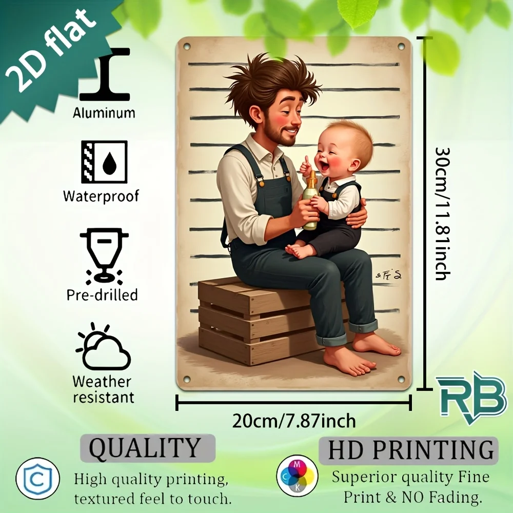 New Trendy HD Metal Wall Art - Heartwarming Vintage Father and Baby Boy Height Chart Illustration Parenthood Love and Joy Theme