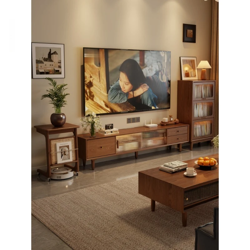 

Solid wood TV cabinet, medieval floor storage and storage integrated, living room household walnut floor cabinet