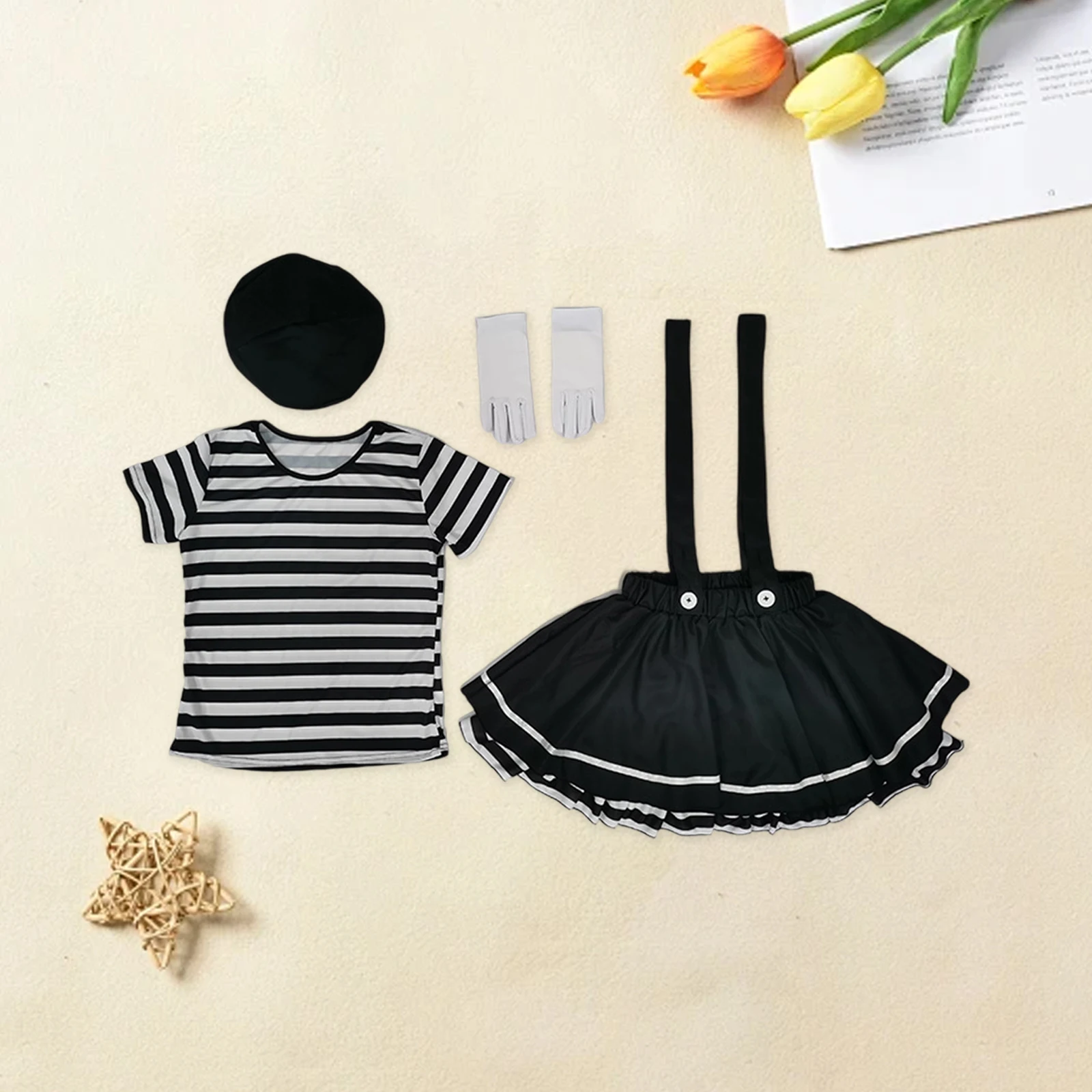 Trajes de palhaço feminino preto branco listrado topos suspender saia luvas e chapéu conjunto halloween cosplay outfit