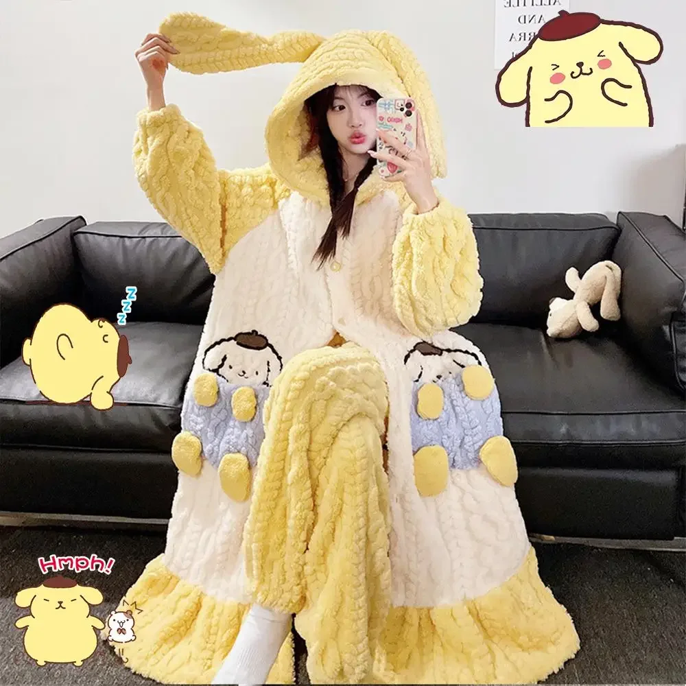 Kawaii Sanrios 2Pcs Pompompurin Winter Women\'s Thicken Plush Pajama Set Hello Kitty My Melody Winter Nightgown Home Clothes Girl