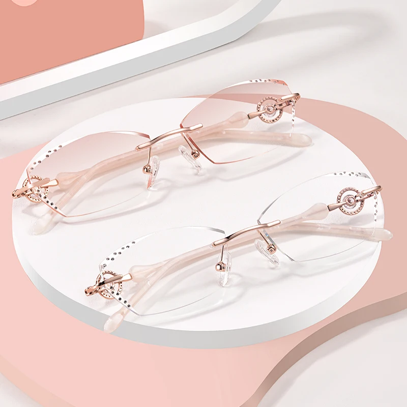 POVICH Luxurious Women Optics Glasses Rimless Eyewear Ornament Gradient Colored Lens Diamond Myopia Hyperopia Anti Reflective